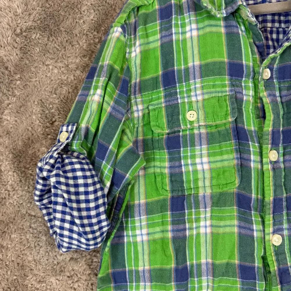 Gap Kids Double Weave Green Plaid button Down Shirt L 10 Boys Convertible